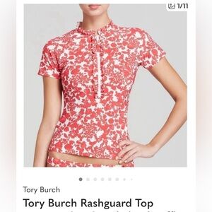 Tory Burch Red and White Rashguard Top with half zipper and Ruffle Front